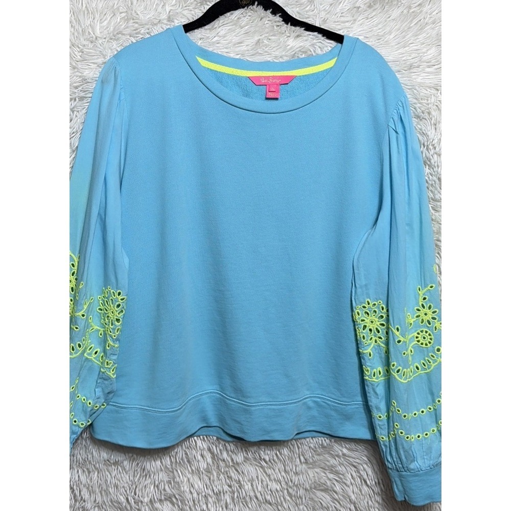 Lilly Pulitzer Top Women's XL Teal Long Sleeve Eyelet Alla Crew Neck Pullover - Picture 5 of 11